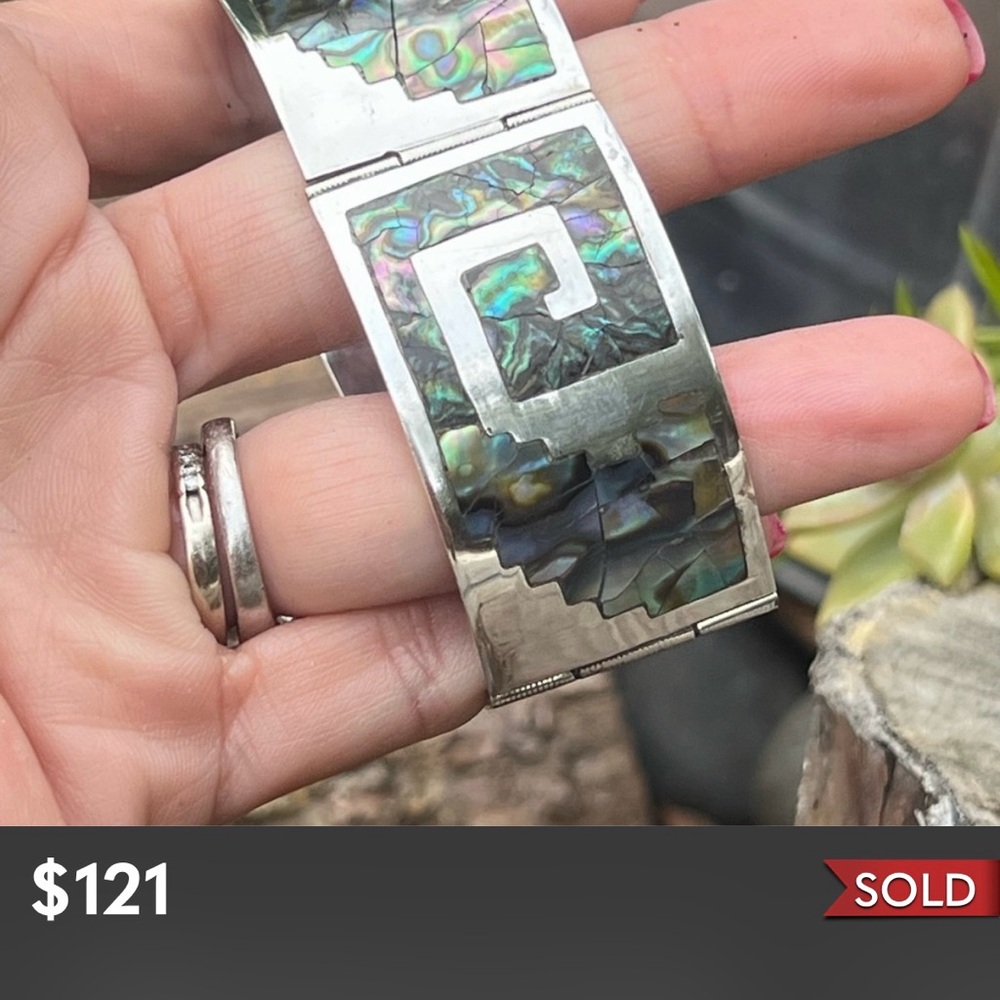 925 sterling silver & abalone gorgeous hinged link bracelet made in Mexico - Picture 13 of 16